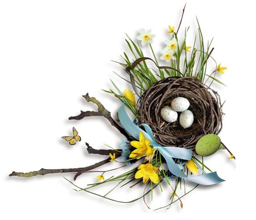 Grafika przedstawia wiosenną kompozycję świąteczną. Gniazdo z jajkami otoczone bukietami kwiatów.