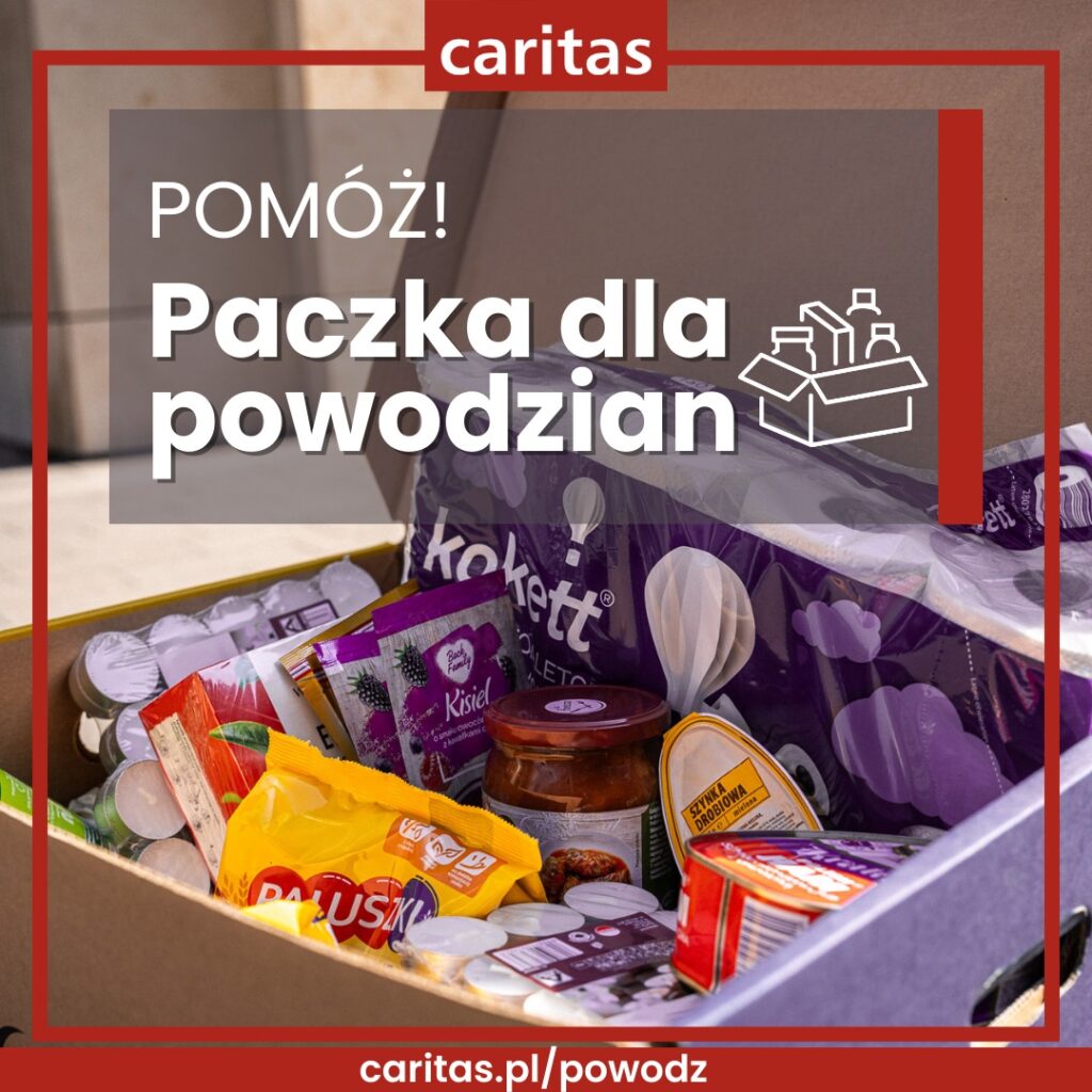 Plakat informacyjny o zbiórce dla powodzian- caritas.pl/powodz