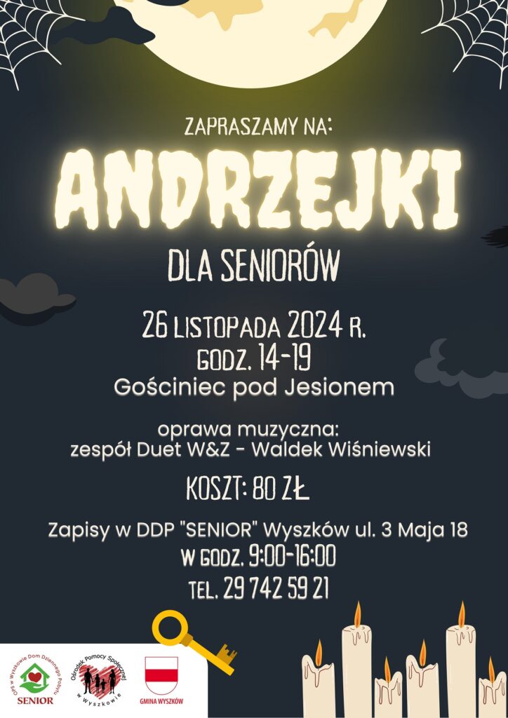 Zapraszamy na Andrzejki dla Seniorów 26 listopada 2024 godz. 14-19 Gościniec Pod Jesionem. Koszt 80 zł. Zapisy w DDP Senior w godz. 9:00-16:00