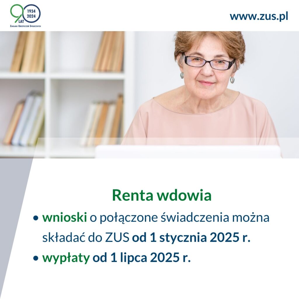 Renta wdowia - plakat informacyjny ZUS. Wnioski można składać od 1 stycznia 2024 r. Wypłaty od 1 lipca 2025 r.