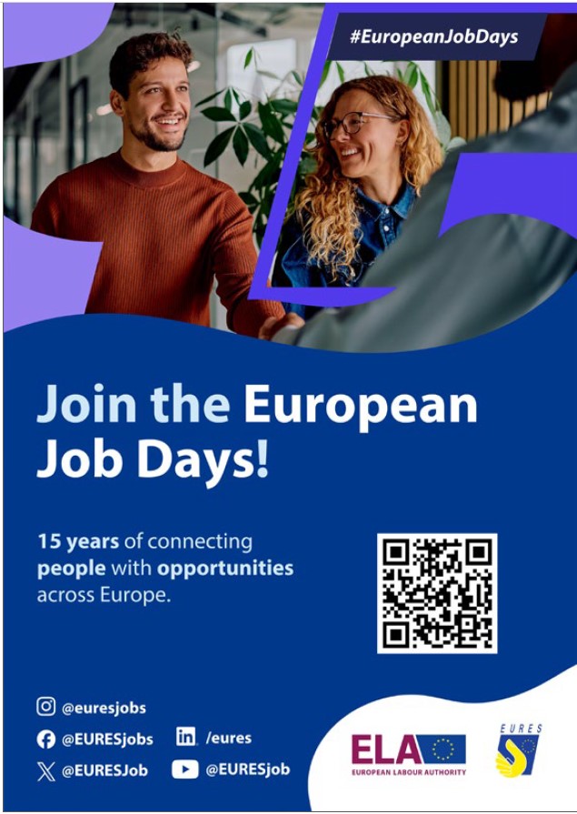 Plakat informacyjny o treści Join the European Job Days. 15 years of connecting people with opportunities across Europe,