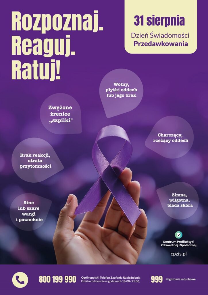Plakat informacyjny Rozpoznaj Reaguj Ratuj 31 sierpnia Dzień Świadomości Przedawkowania. 